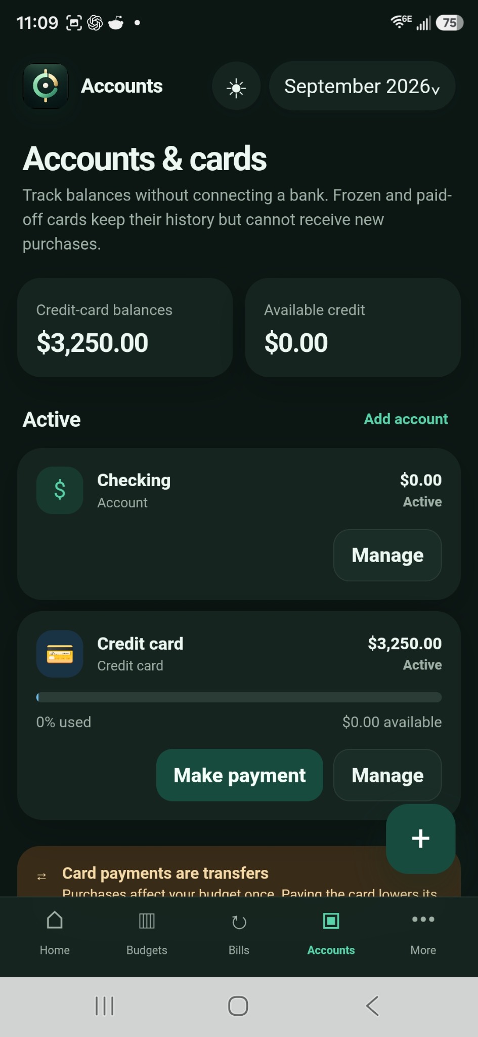 Accounts and credit cards in dark mode