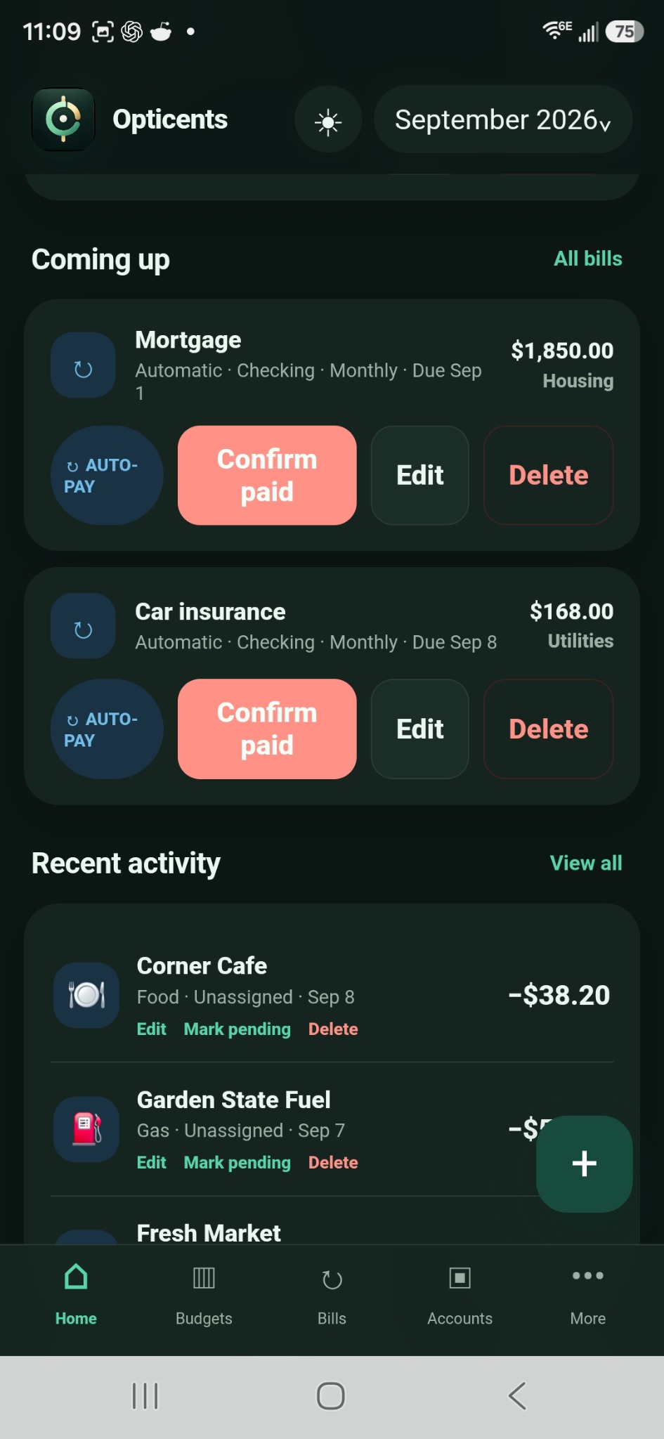 Bills and recent activity in dark mode