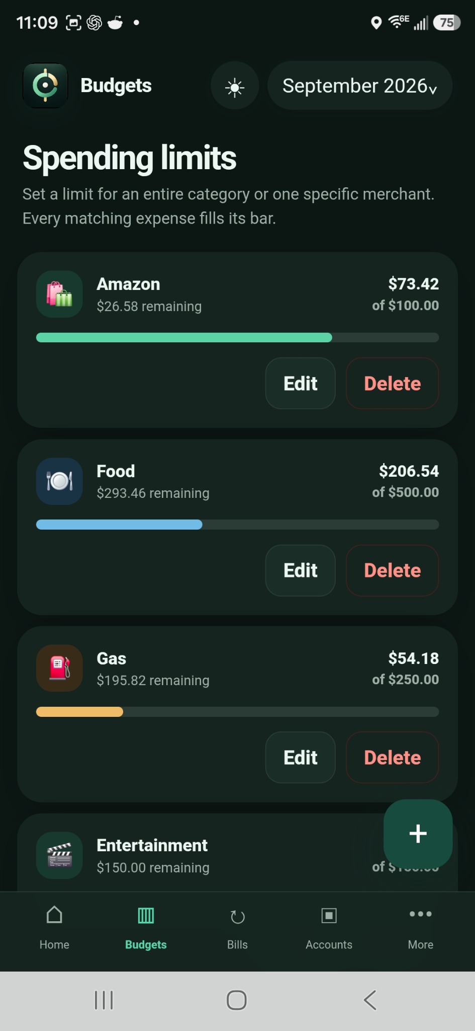 Merchant and category budgets in dark mode