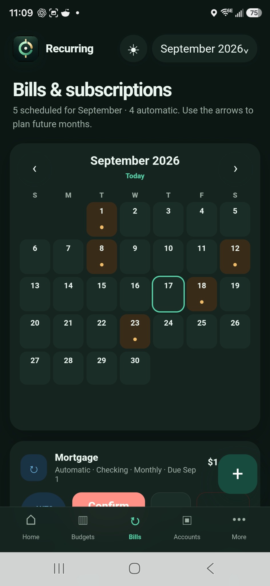 Recurring bills calendar in dark mode