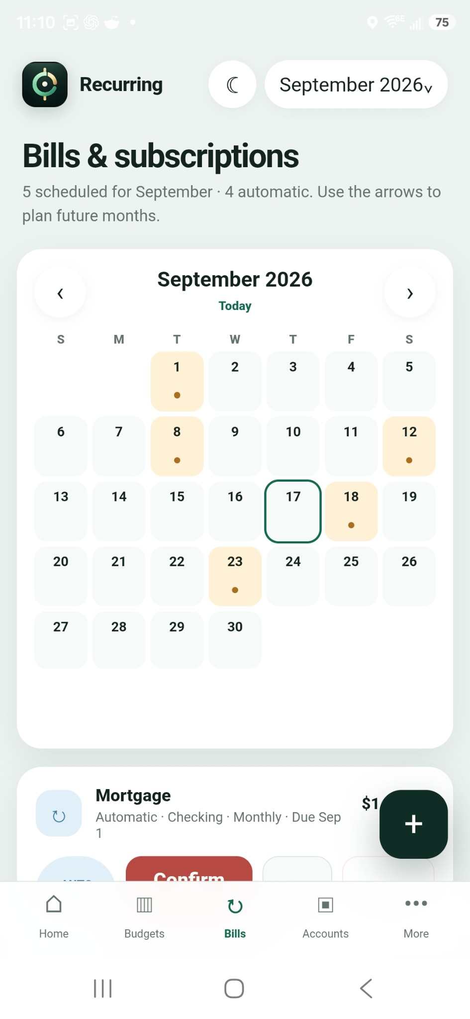 Recurring bill calendar in light mode