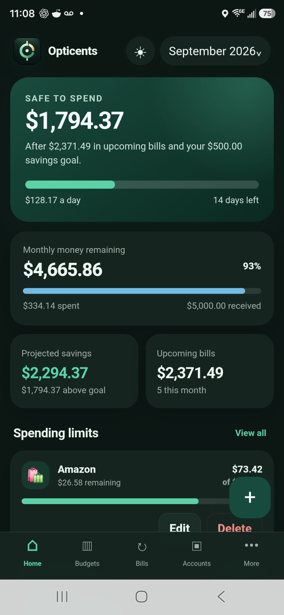 Safe to Spend dashboard in dark mode
