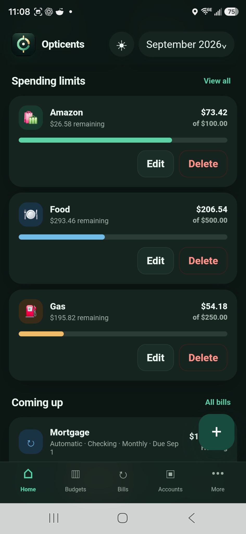 Spending limits and upcoming bills in dark mode