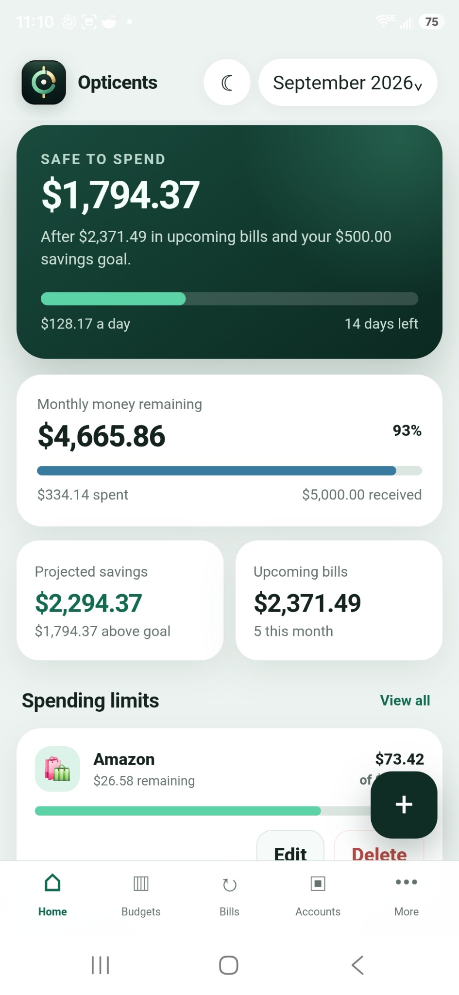 Safe to Spend dashboard in light mode