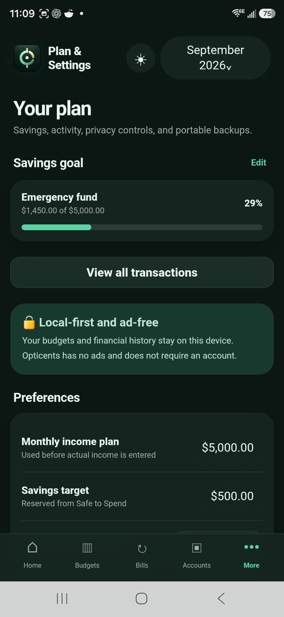 Savings and settings in dark mode